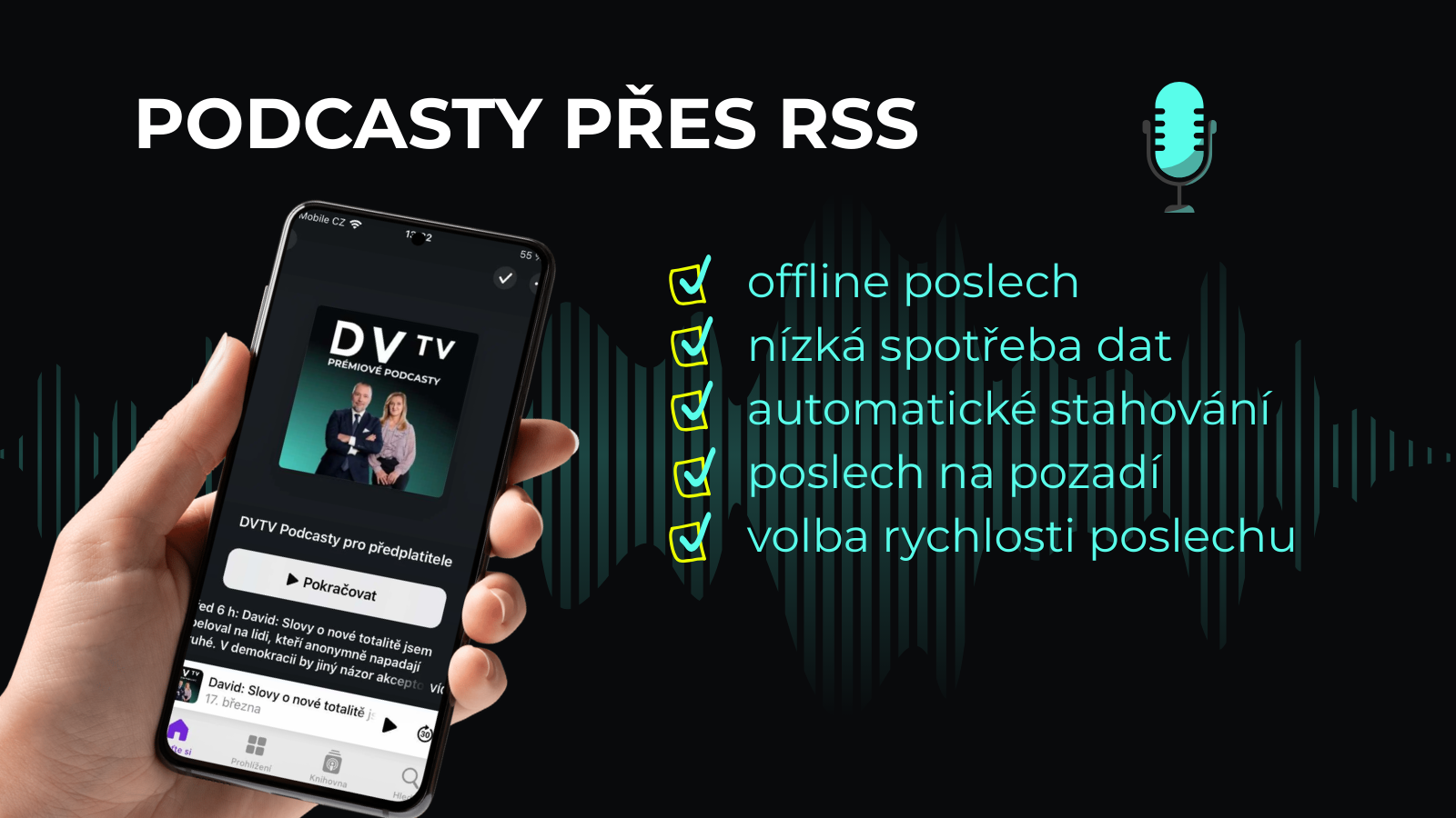 Podcasty přes RSS — offline poslech, nízká spotřeba dat, automatické stahování