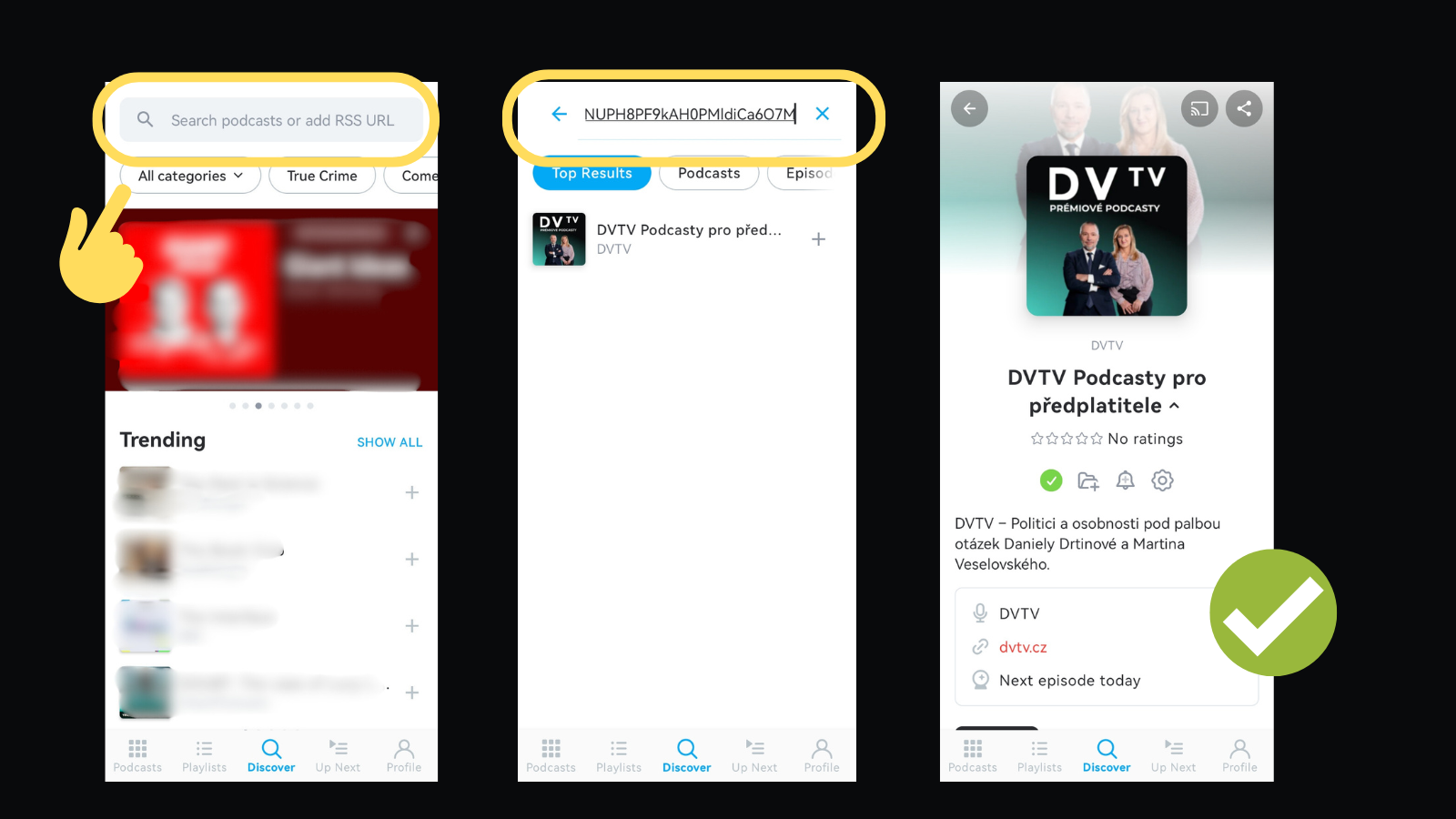 Pocket Casts: vložení RSS do vyhledávání a přidání plusem