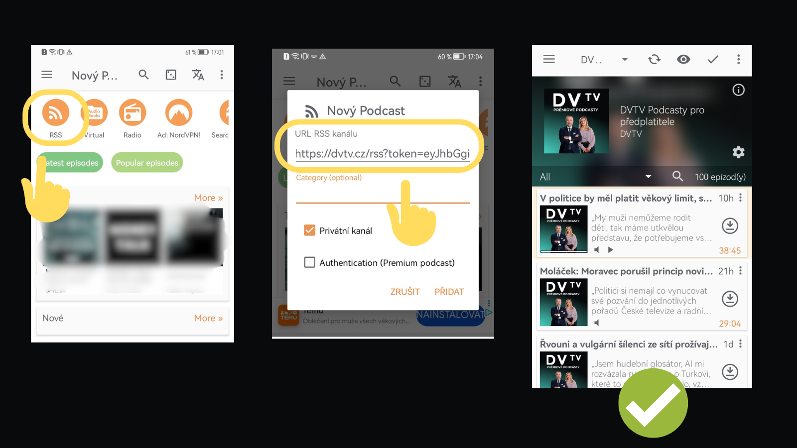 Podcast Addict: plus, RSS, vložení odkazu a zaškrtnutí Privátní kanál